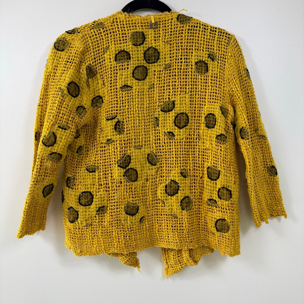Save The Queen Yellow Silk Cotton Abstract Lace Art to Wear Cardigan Top Women L - Picture 6 of 15
